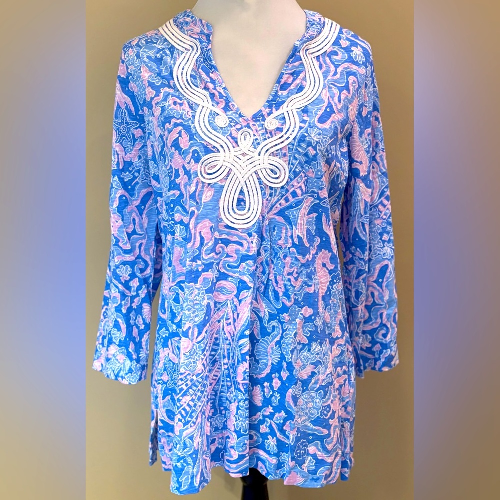 Lilly Pulitzer Blue and Pink V neck embellished Women's Top